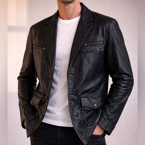 Genuine Leather Blazer Jacket Mens XXL Black Utility Leather Sport Coat BNWOT